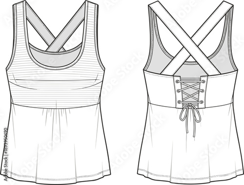 Technical fashion flat sketch of a women camisole top featuring cross back straps and a decorative lace up back detail for apparel design template