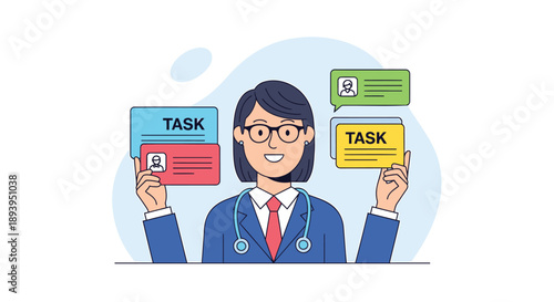 Female doctor holding task cards multitasking with checklist smiling