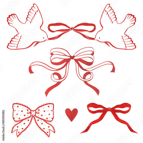Photography Red bows and birds Valentines day illustration