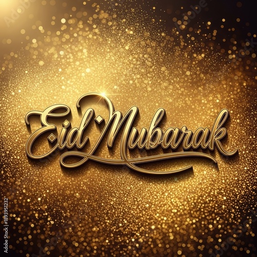 Wallpaper Mural Eid Mubarak greeting shimmers in gold, stylized calligraphy, celebratory, spiritual, luxurious, sparkling background, festive mood, muslim holiday. Torontodigital.ca