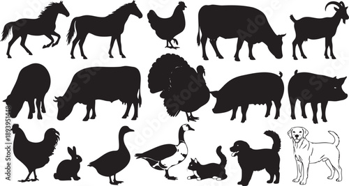 Black silhouettes of various farm and domestic animals on white background animal silhouettes 3