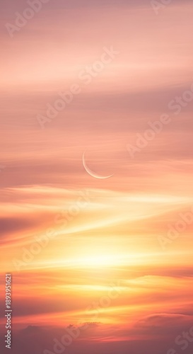 Wallpaper Mural Crescent moon hangs in gradient sunset sky.  Soft, pastel colors and a dreamy, atmospheric feel. Peaceful, nature scenery.  Vertical orientation. Torontodigital.ca