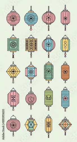 Wallpaper Mural Paper lanterns float in minimalist style. Asian-inspired design with holiday elements against green background. Traditional festival feeling. Torontodigital.ca