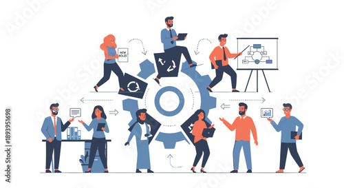 Business team collaboration with gear and workflow concepts