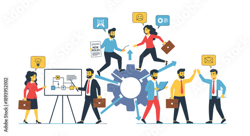 Business team collaboration with gear and speech bubbles teamwork concept