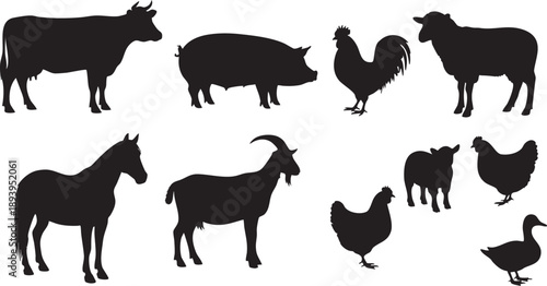 Black silhouettes of various farm animals on white background