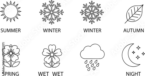 Collection of simple line icons representing seasons, weather, and night time