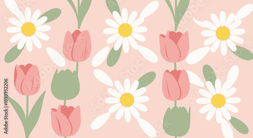 Pastel Spring Floral Pattern with Tulips and Daisies for Backgrounds and Textiles