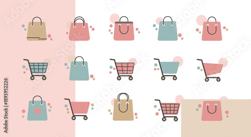 Pastel themed shopping bags and carts pattern design creating an aesthetically pleasing visual