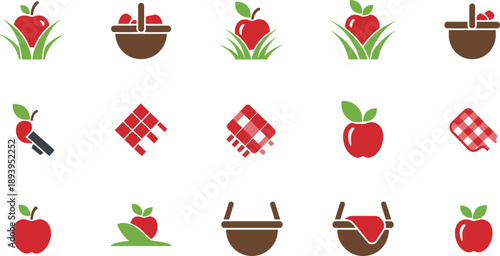 Collection of apple and picnic basket icons with red gingham patterns
