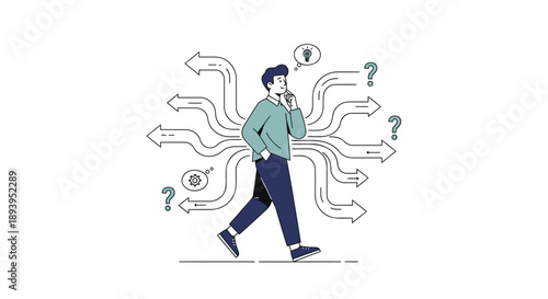 Man walking through multiple paths with question marks and arrows
