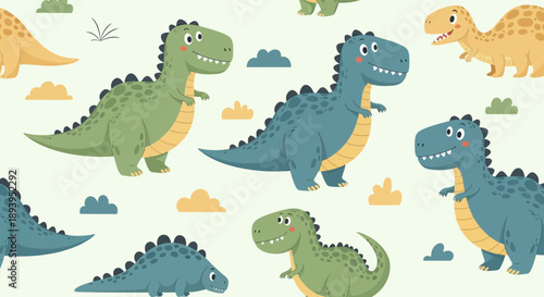 Playful dinosaur themed seamless pattern design featuring colorful cartoon dinosaurs and cloud