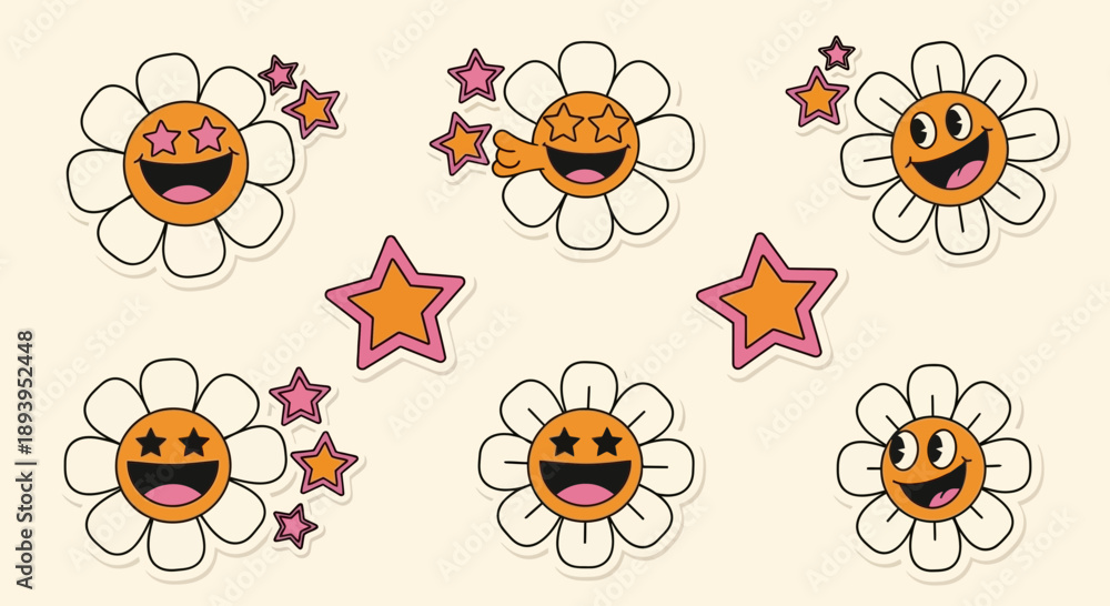 Fototapeta premium Retro groovy seamless pattern featuring daisy flowers with happy faces and stars
