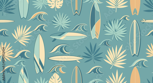 Seamless summer pattern with surfboards waves and tropical leaves perfect for textile and