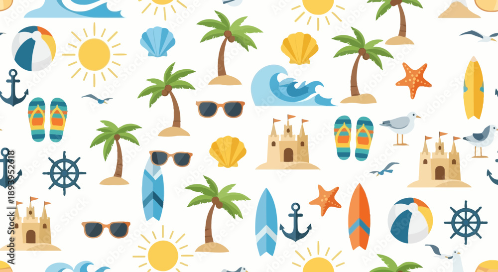 Obraz premium Vibrant Summer Beach Pattern with Tropical Elements and Sea Icons for Backgrounds and Designs