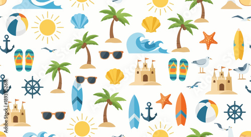 Vibrant Summer Beach Pattern with Tropical Elements and Sea Icons for Backgrounds and Designs
