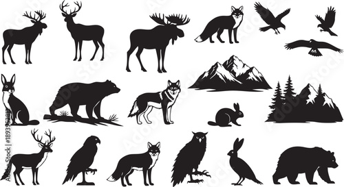 Black silhouettes of various wild animals and landscapes white background wildlife