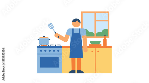 Home Chef in Kitchen with Ingredients and Tools, Indoor, Illustration, Culinary Environment