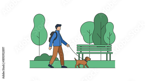 Man Walking Dog in Park, Illustration of Outdoor Lifestyle