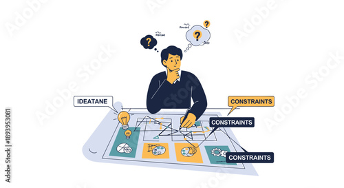 Businessman brainstorming ideas on a large tablet with constraints and ideation