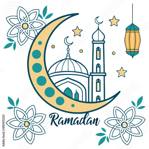 Minimal Ramadan illustration with a crescent moon surrounding a mosque, hanging lantern, small stars, and elegant floral swirls
