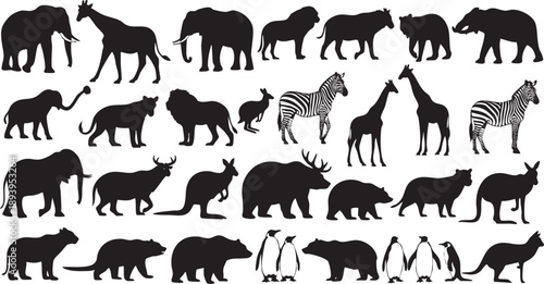 Black silhouettes of various wild animals on white background 5