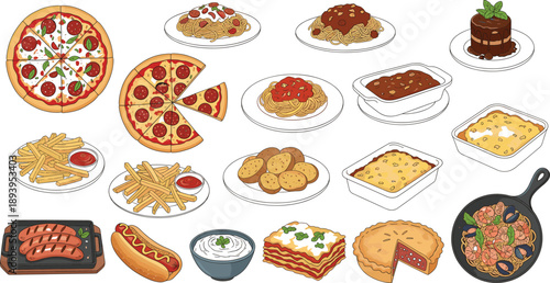 Italian and Western Food Vector Illustration Set Featuring Pizza Pasta Lasagna Steak Fries Desserts And Comfort Meals