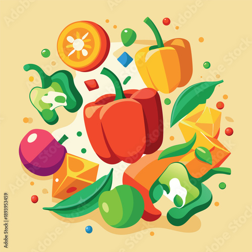 Colorful vegetables illustration with peppers, chilies, tomatoes, and leaves