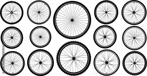 Set of bike wheel silhouettes, bicycle tire icons, mountain bike rim collection, cycling gear symbols, bike spare parts isolated on white
