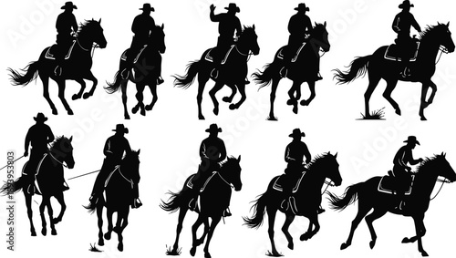 Set of black silhouettes of cowboys riding horses in various poses isolated on white background for western theme graphic design