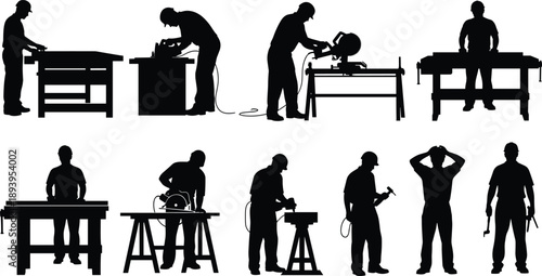 Set of carpenter silhouettes working with power tools, woodworking shop labor, construction workers, builders, craftsmen, carpentry industry professionals, and workshop equipment.
