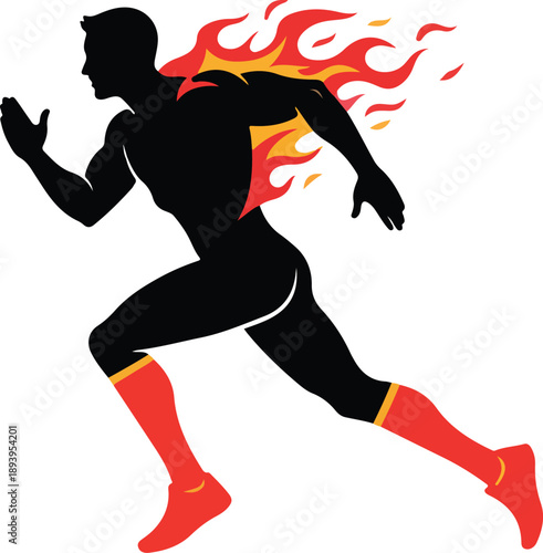 Dynamic runner engulfed in flames showcasing speed and power