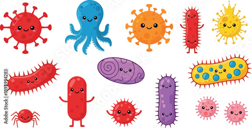 Set of cute cartoon bacteria and virus characters with smiling faces, colorful micro-organisms, germs, and pathogens for educational health design,