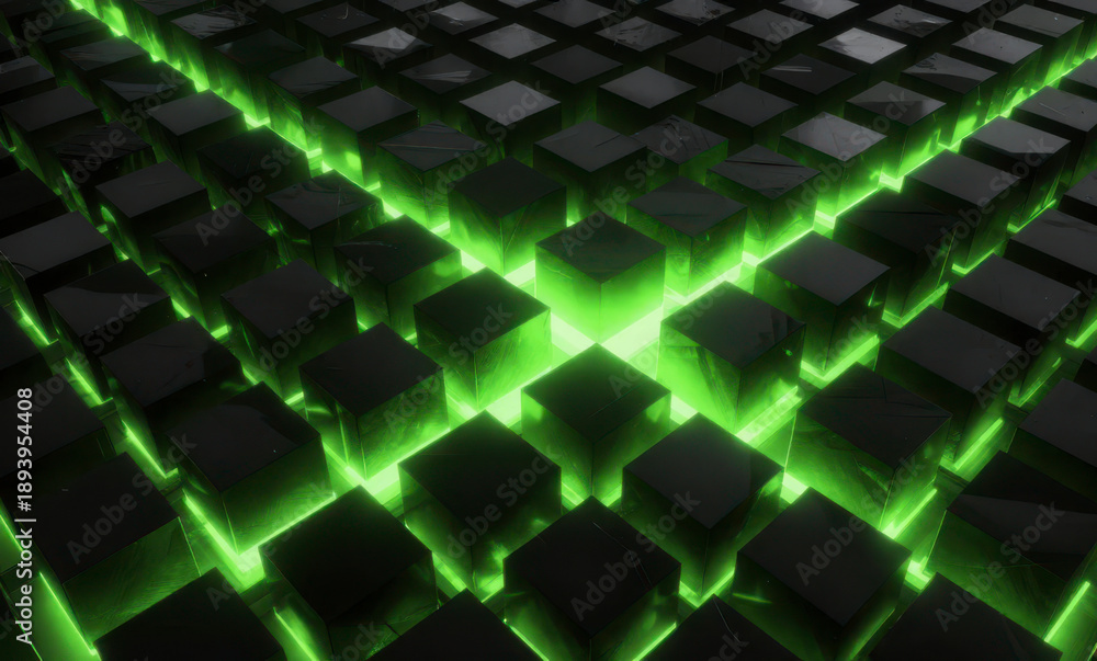 Fototapeta premium Abstract background with rows of dark black cubes arranged in a grid with bright neon green light glowing from the base and through the narrow gaps