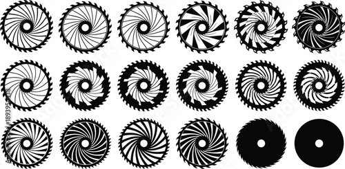 Set of eighteen circular saw blade vector icons with geometric spiral patterns, radial industrial gear elements, and abstract vortex optical illusions.