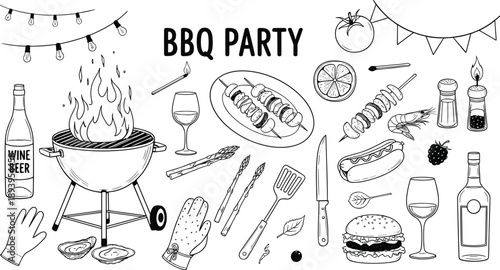 BBQ Party Hand Drawn Vector Set With Grill Food Drinks Utensils And Summer Barbecue Elements