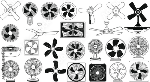 Set of electric fan icons and silhouettes, including ceiling fans, desk fans, industrial ventilation, cooling appliances, air circulation equipment, home appliances.