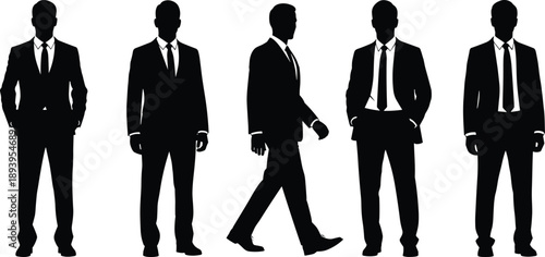 Set of five professional businessman silhouettes wearing suits and ties standing and walking in different poses isolated on white background.