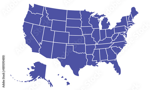 Blue vector map of the United States of America, showing all fifty state borders; essential graphic for political, geographical, demographic, and travel data visualization.