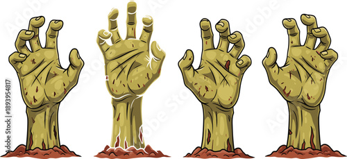 Set of Four Creepy Zombie Hands Rising from the Ground with Green Decaying Skin and Bloody Scars for Halloween Horror.