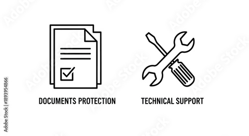 Documents and Technical Support Icons in Minimalist Line Art Style with Simple Color Scheme for Web Icons