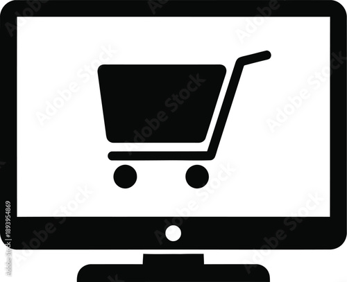 E commerce shopping cart on computer screen icon