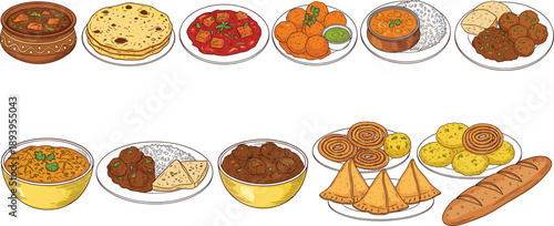 Indian Food Vector Illustration Set Featuring Traditional Curries Flatbreads Rice Dishes Snacks And Spicy Meals