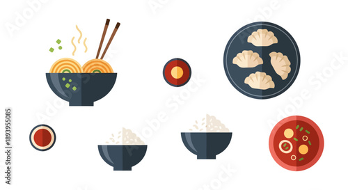 Asian Food Vector Icons Set with Ramen Noodles, Dim Sum, Rice Bowls, and Soup
