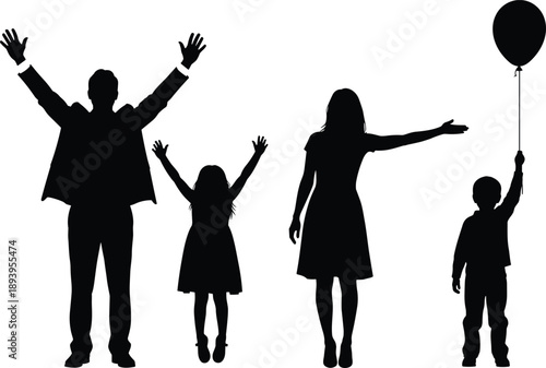 Black and white silhouettes of a happy family with father mother daughter and son holding a balloon celebrating together for joy and unity concepts