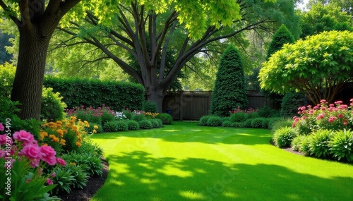 Tranquil backyard oasis featuring lush green lawn, vibrant flowerbeds, and mature trees providing shade Perfect for relaxation and outdoor living , backyard, natural, flowers
