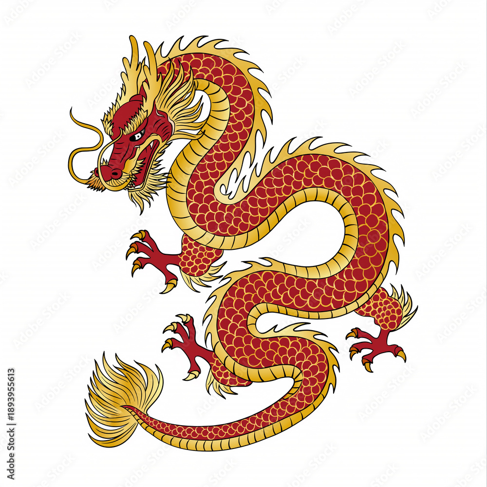 Fototapeta premium Majestic red and gold Chinese dragon illustration symbolizing luck, power and prosperity for Chinese New Year, inspired by traditional Asian mythology and festive Lunar New Year celebrations.