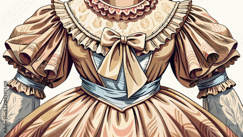 Very beautiful close-up of a Southern American women’s vintage-inspired dress with soft fabric folds and lace details, isolated on white background, evoking timeless charm and regional cultural style.