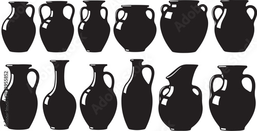 Collection of black silhouette vases on white background