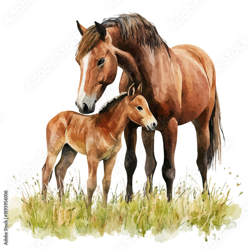 watercolor of A Mother Horse With Her Kid graphic, isolated on a white background.